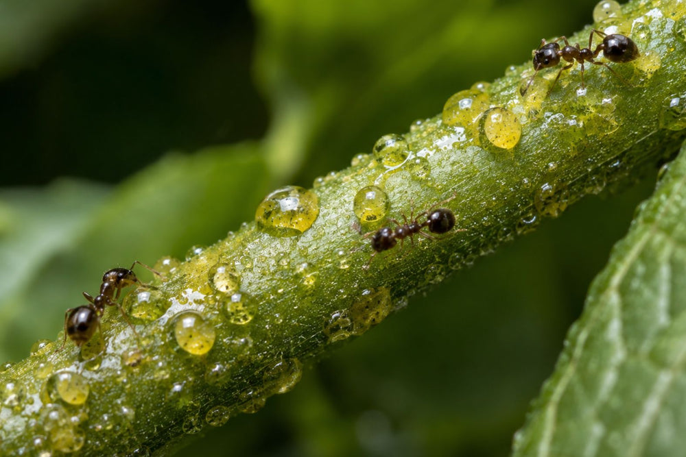 Shiny honeydew and ants on a plant